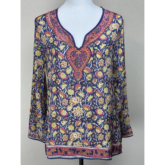 Tolani Size M 100% Silk Multi Color V Neck Long Sleeve Tunic Top Boho - Picture 1 of 14